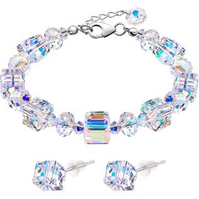 PAGOW Crystal Bracelet and Earrings for Women, Adjustable Crystal Cube Drop Dangle Bracelets and Hypoallergenic Earrings Gifts for Anniversary Christmas Birthday Valentine's Day