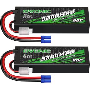 OVONIC 80C 2S 5200mAh 7.4V Lipo Battery with EC5 Connector for arrma 1/10, 1/8, 1/7 Scale RC Cars and Trucks Buggy Truggy 2pcs