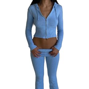 Womens Knit 2 Piece Outfits Long Sleeve Crop Zip Up Hoodie Y2k High Waist Skinny Pants Lounge Sets in Saudi Arabia