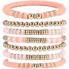 Pingyongchang Heishi Gold Beaded Bracelets Set for Women Men Bohemian Polymer Clay Colorful Surfer Vinyl Disc Stretch Layering Stackable Friendship Boho Bracelet Summer Beach Jewelry Gifts
