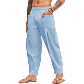 PASLTER Mens Cotton Linen Pants Casual Baggy Harem Pants Summer Beach Elastic Waist Yoga Trousers