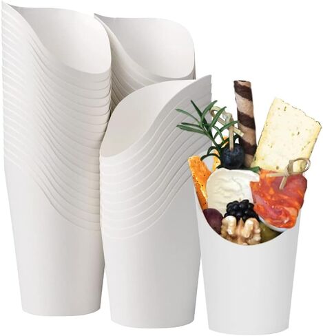 50pcs French Fries Holder 14oz Charcuterie Cups Disposable Take-out Party French Fry Cups Waffle Paper Popcorn Boxes Sandwich Paper Cups Holder Wedding Food Trays Paper Cones for Food (White) in Saudi Arabia
