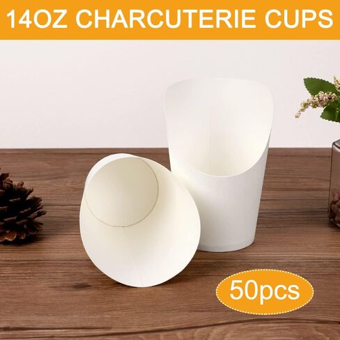 50pcs French Fries Holder 14oz Charcuterie Cups Disposable Take-out Party French Fry Cups Waffle Paper Popcorn Boxes Sandwich Paper Cups Holder Wedding Food Trays Paper Cones for Food (White) in Saudi Arabia