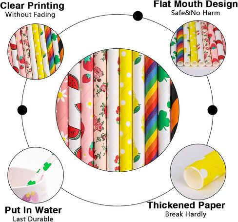 HAKACC Disposable Paper Straws for Drinking, 10 Different Pattern Party Straws for Birthday Wedding and Holiday DIY Decorations in Saudi Arabia