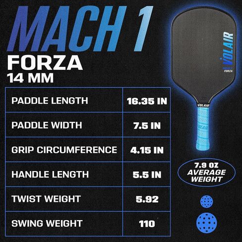 Mach 1 FORZA Paddle - for Spin, Control and Power - Toray T700 Carbon Fiber Surface - Thermoformed - Foam Injected - Spin, Power, & Control - w/Headcover, Eraser, Extra Black Grip in Saudi Arabia