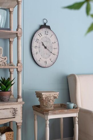 ساعة حائط بيضاوية من A and B Home مقاس 29 بوصة ارتفاعًا من الخشب/المعدن الأبيض العتيق لغرفة المعيشة وغرفة النوم والمطبخ والمنزل والمكتب in Kuwait