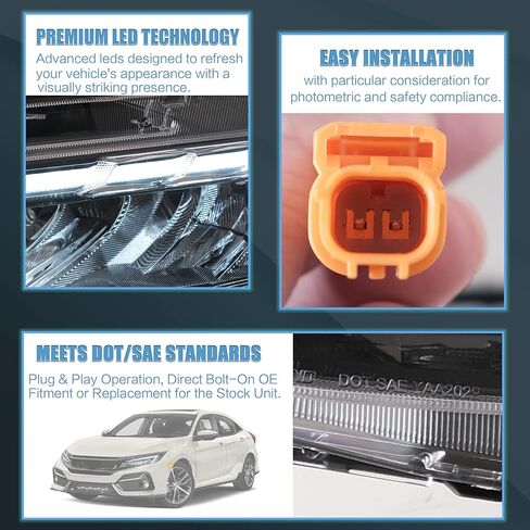 VLAND LED Headlight Assembly Fit for 2016-2021 10th Gen Honda Civic DRL with Startup Animation in Kuwait