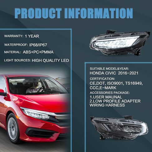 VLAND LED Headlight Assembly Fit for 2016-2021 10th Gen Honda Civic DRL with Startup Animation in Kuwait
