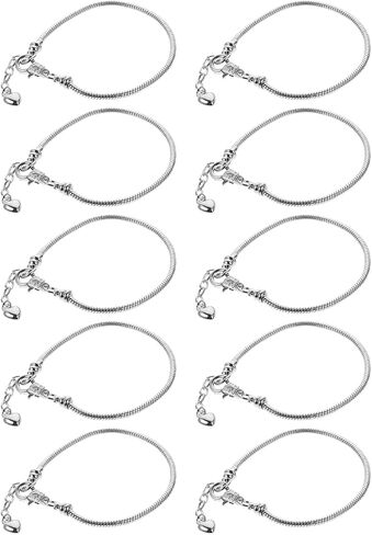 EXCEART 10pcs Silver Snake Chain Charm Bracelets with Heart Lobster Clasp Extender Chain Stainless Steel Adjustable Slider Bracelet Metal Bracelet Chain European Charm Bracelet for Jewelry Making 3mm in Saudi Arabia