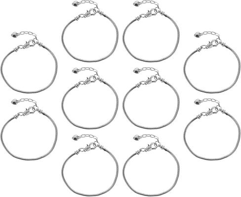 EXCEART 10pcs Silver Snake Chain Charm Bracelets with Heart Lobster Clasp Extender Chain Stainless Steel Adjustable Slider Bracelet Metal Bracelet Chain European Charm Bracelet for Jewelry Making 3mm in Saudi Arabia