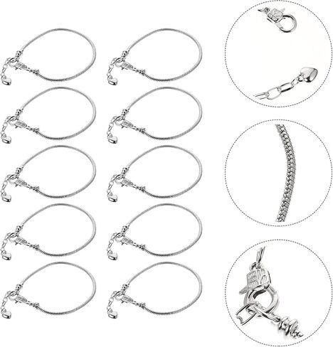 EXCEART 10pcs Silver Snake Chain Charm Bracelets with Heart Lobster Clasp Extender Chain Stainless Steel Adjustable Slider Bracelet Metal Bracelet Chain European Charm Bracelet for Jewelry Making 3mm in Saudi Arabia
