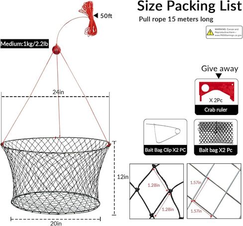 QualyQualy Crab Ring Trap Bait with Crab Gague Measure and Bait Clip Crab Net Minnow Trap with 24 Tarred Braided Twine Fishing Crabbing Net for Board, Kayak, Dock and Pier in Kuwait