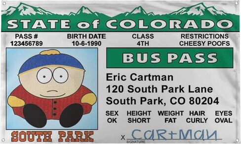 Banger - South Park Eric Cartman Bus Pass مضحك تحفيزي ملهم للمكتب وصالة الألعاب الرياضية والمسكن تصميم ديكور الحائط على علم 3X5 قدم مع 4 حلقات لسهولة التعليق. علم بانجر الأصلي in Saudi Arabia