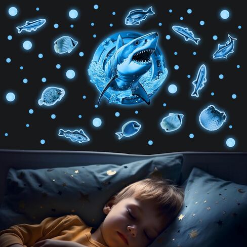 3D Jellyfish Fish Wall Stickers Glow in The Dark, Ocean Animals World Removable Decals for Kids Room Decor, Luminous Vinyl Stickers for Ceiling (Blue) in Saudi Arabia