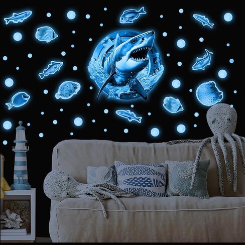3D Jellyfish Fish Wall Stickers Glow in The Dark, Ocean Animals World Removable Decals for Kids Room Decor, Luminous Vinyl Stickers for Ceiling (Blue) in Saudi Arabia