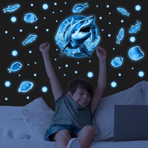 3D Jellyfish Fish Wall Stickers Glow in The Dark, Ocean Animals World Removable Decals for Kids Room Decor, Luminous Vinyl Stickers for Ceiling (Blue) in Saudi Arabia