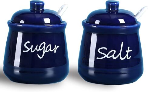 أوعية السكر والملح سعة 12 أونصة من ONTUBE مع غطاء وملعقة، وأواني توابل سيراميك، حاوية توابل برطمان توابل للمطبخ، آمنة للاستخدام في غسالة الأطباق (أبيض) in Kuwait
