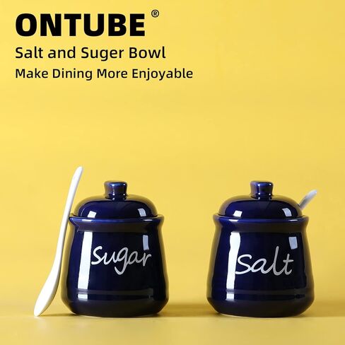 أوعية السكر والملح سعة 12 أونصة من ONTUBE مع غطاء وملعقة، وأواني توابل سيراميك، حاوية توابل برطمان توابل للمطبخ، آمنة للاستخدام في غسالة الأطباق (أبيض) in Kuwait