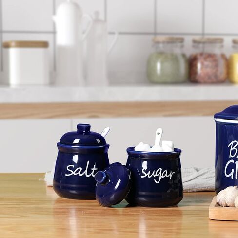 أوعية السكر والملح سعة 12 أونصة من ONTUBE مع غطاء وملعقة، وأواني توابل سيراميك، حاوية توابل برطمان توابل للمطبخ، آمنة للاستخدام في غسالة الأطباق (أبيض) in Kuwait