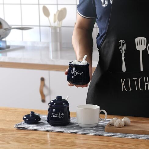 أوعية السكر والملح سعة 12 أونصة من ONTUBE مع غطاء وملعقة، وأواني توابل سيراميك، حاوية توابل برطمان توابل للمطبخ، آمنة للاستخدام في غسالة الأطباق (أبيض) in Kuwait