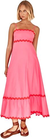 OBEEII Women Summer Dresses 2024 Vacation Boho Spaghetti Strap Backless Smocked Rickrack Trim Flowy A-line Maxi Sundress in Saudi Arabia