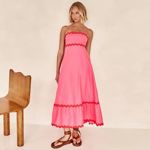 OBEEII Women Summer Dresses 2024 Vacation Boho Spaghetti Strap Backless Smocked Rickrack Trim Flowy A-line Maxi Sundress in Saudi Arabia