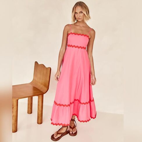 OBEEII Women Summer Dresses 2024 Vacation Boho Spaghetti Strap Backless Smocked Rickrack Trim Flowy A-line Maxi Sundress in Saudi Arabia