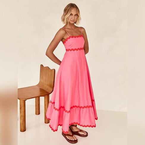 OBEEII Women Summer Dresses 2024 Vacation Boho Spaghetti Strap Backless Smocked Rickrack Trim Flowy A-line Maxi Sundress in Saudi Arabia