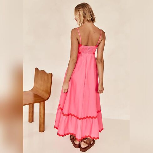 OBEEII Women Summer Dresses 2024 Vacation Boho Spaghetti Strap Backless Smocked Rickrack Trim Flowy A-line Maxi Sundress in Saudi Arabia