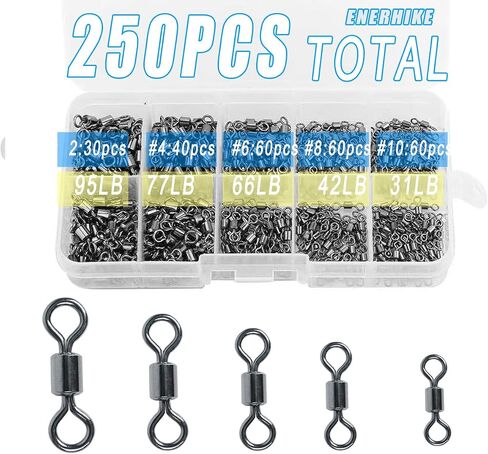 250pcs Fishing Swivel Rolling Barrel Swivel Stainless Steel Swivels Corrosion Resistance Black Nickle Connector for Freshwater Saltwater Fishing Tackle #2#4#6#8#10 in Kuwait