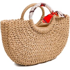 FARVALUE Summer Straw Beach Tote Bag Handmade Large Straw Tote Handbag Women's Handbags And Free Silk Scarves