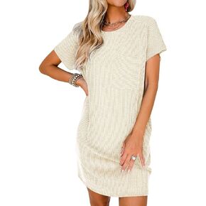 miduo Womens Casual Summer Crewneck Short Sleeve Striped Textured Ribbed Mini Tshirt Shift Dress