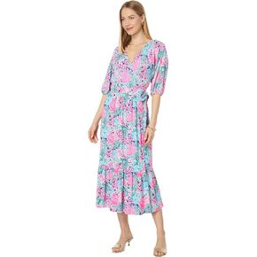 Lilly Pulitzer Brantley Midi Wrap Dress for Women - 100% Cotton, V-Neckline, and Allover Floral Pattern with Tiered Skirt