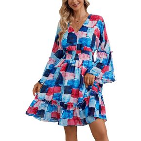 Kormei Women's Spring Summer Boho Floral Mini Dress A Line Chiffon Dresses Casual Batwing Sleeve Short Dress