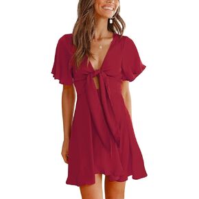 SPRIME Women's Summer Casual Dress V Neck Short Flared Sleeve Flowy Solid Dresses Tie Knot Front Cut Out Swing Mini Dress