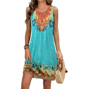 Summer Beach Dresses for Women 2024 Casual Sleeveless Floral Print Pleated Sundress Cover Ups Fashion Maxi Dress