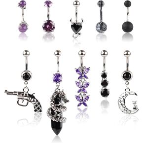 10pcs Belly Button Rings, Stainless Steel Belly Rings Dangling Black Purple Heart Butterfly Moon Dangle Belly Button Rings Barbell Navel Body Piercing Jewelry for Women Girls