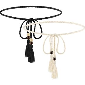 2 PCS Women's Skinny Tassel Waist Belt with Wooden Beads, Black + White Thin Woven Waist Rope Belt for Women Girls Godness Boho Braided Waist Belt Rope Chain for Thin Dresses Skirts Tunics