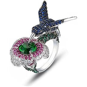 HYYILU Hummingbird Flower Plant Crystal Ring Flying Wing Animal Silver Rings for Women Girls Jewelry Gifts
