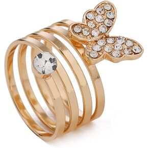 Layered Crystal Butterfly Stacking Statement Ring for Women Girls Gold Plated 4 Layers Round Rhinestone Band Finger Rings Comfort Fit Dainty Wedding Birthday Holiday Party Jewelry Gift Size 7