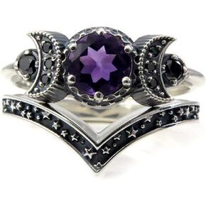 Triple Moon Star Goddess Rings Set, 2-in-1 Purple Red Crystal Crescent Pentagram Rings for Women Girls Jewelry
