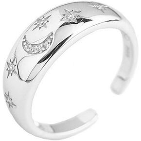 Dome CZ Star Moon 925 Sterling Silver Statement Ring for Women Girls Expandable Adjustable Chunky Wide Open Band Rings Comfort Fit Jewelry