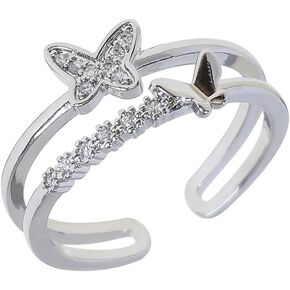 CZ Butterfly 925 Sterling Silver Ring for Women Girls Crystal Promise Statement Stacking Expandable Open Rings Adjustable Hand Made Jewelry Dainty Birthday Anniversary Christmas Valentines Gifts