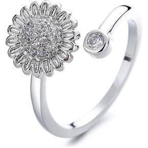 Asymmetric Rotatable Spinner CZ Ring for Women Girls Anti Anxiety Stress Relief Peace Fidget Rings Silver Plating Cute Daisy Sun Star Wrap Open Finger Knuckle Statement Ring Christmas Valentines Gifts