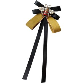 FASELE Retro Pearl Bee Bow Brooch Pre-Tied Neck Tie Brooch Pin Satin Ribbon Bow Tie for Women Wedding Party Bow Tie