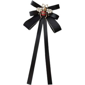 FASELE Retro Pearl Bee Bow Brooch Pre-Tied Neck Tie Brooch Pin Satin Ribbon Bow Tie for Women Wedding Party Bow Tie