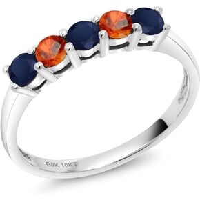 10K White Gold Blue Sapphire and Orange Sapphire 5 Stone Wedding Engagement Anniversary Promise Ring For Women (0.65 Cttw, Round 3MM, Gemstone September Birthstone, Available In Size 5, 6, 7, 8, 9)