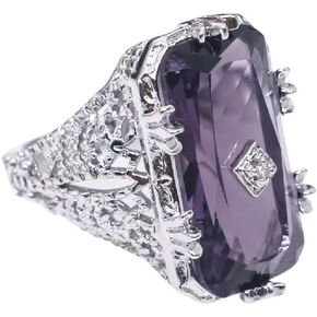 Luxury Fashion Rectangular Natural Amethyst Princess Ring in 925 Silver Openwork Square Perfect Cut Purple Gemstone Cubic Zirconia Ring CZ Eternity Engagement Wedding Ring Women's Sizes 6-10 582