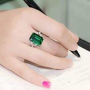 Green Simulated Emerald Silver Rings Emerald Cut Created Green Emerald 18K Platinum Plated Engagement Wedding Ring Womens 5ct Birthstone Solitaire Engagement Ring