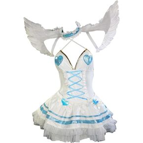 Women's Anime Cosplay Lingerie Set Hollow Halter Bodysuit and Mini Skirt with Wings Sleeves